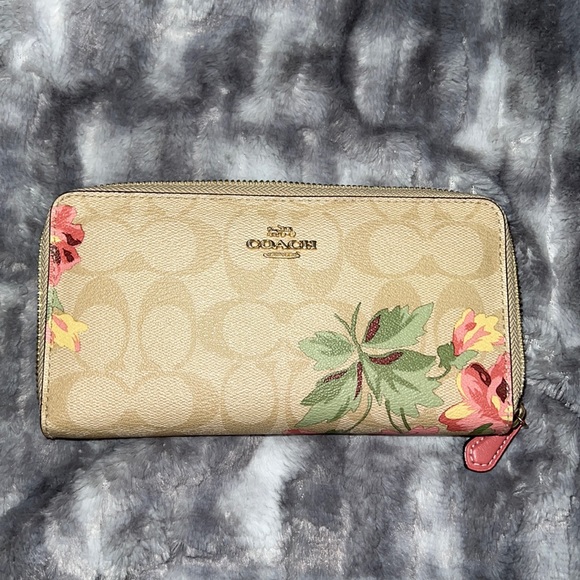 Coach Handbags - Coach Floral Accordion Zip Wallet Tan